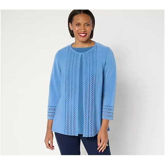Susan Graver Sweaters - GRAVER Susan Graver LK Fusion Plus Regular Laser Cut Cardigan Blue Maze: M #29V